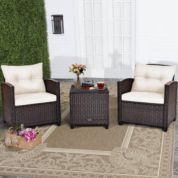 3 Pcs Patio Rattan Furniture Set Cushioned Conversation Set Coffee Table-White