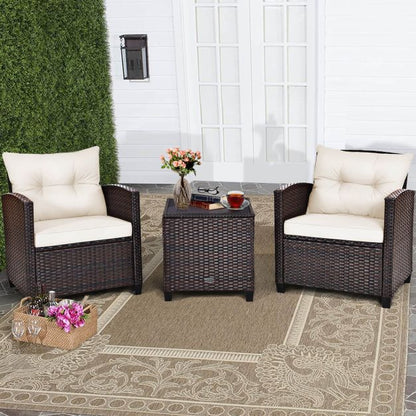3 Pcs Patio Rattan Furniture Set Cushioned Conversation Set Coffee Table-White