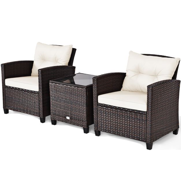 3 Pcs Patio Rattan Furniture Set Cushioned Conversation Set Coffee Table-White