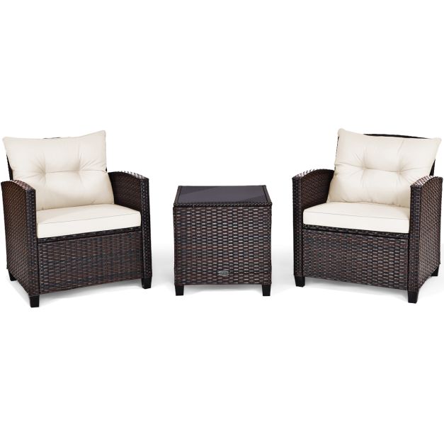 3 Pcs Patio Rattan Furniture Set Cushioned Conversation Set Coffee Table-White