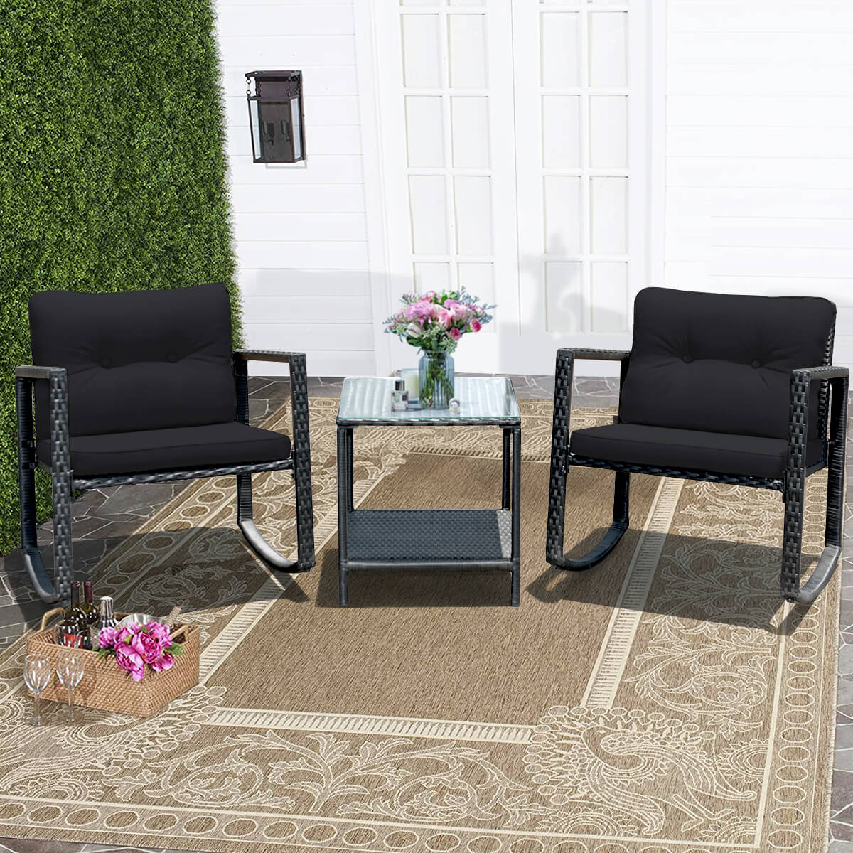 3 Pieces Outdoor Rocking Bistro Set PE Rattan with Cushions-Black