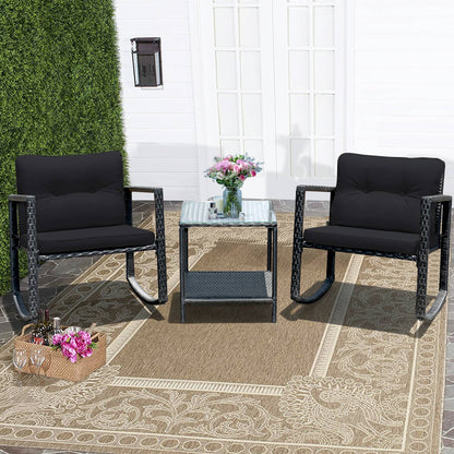 3 Pieces Outdoor Rocking Bistro Set PE Rattan with Cushions-Black