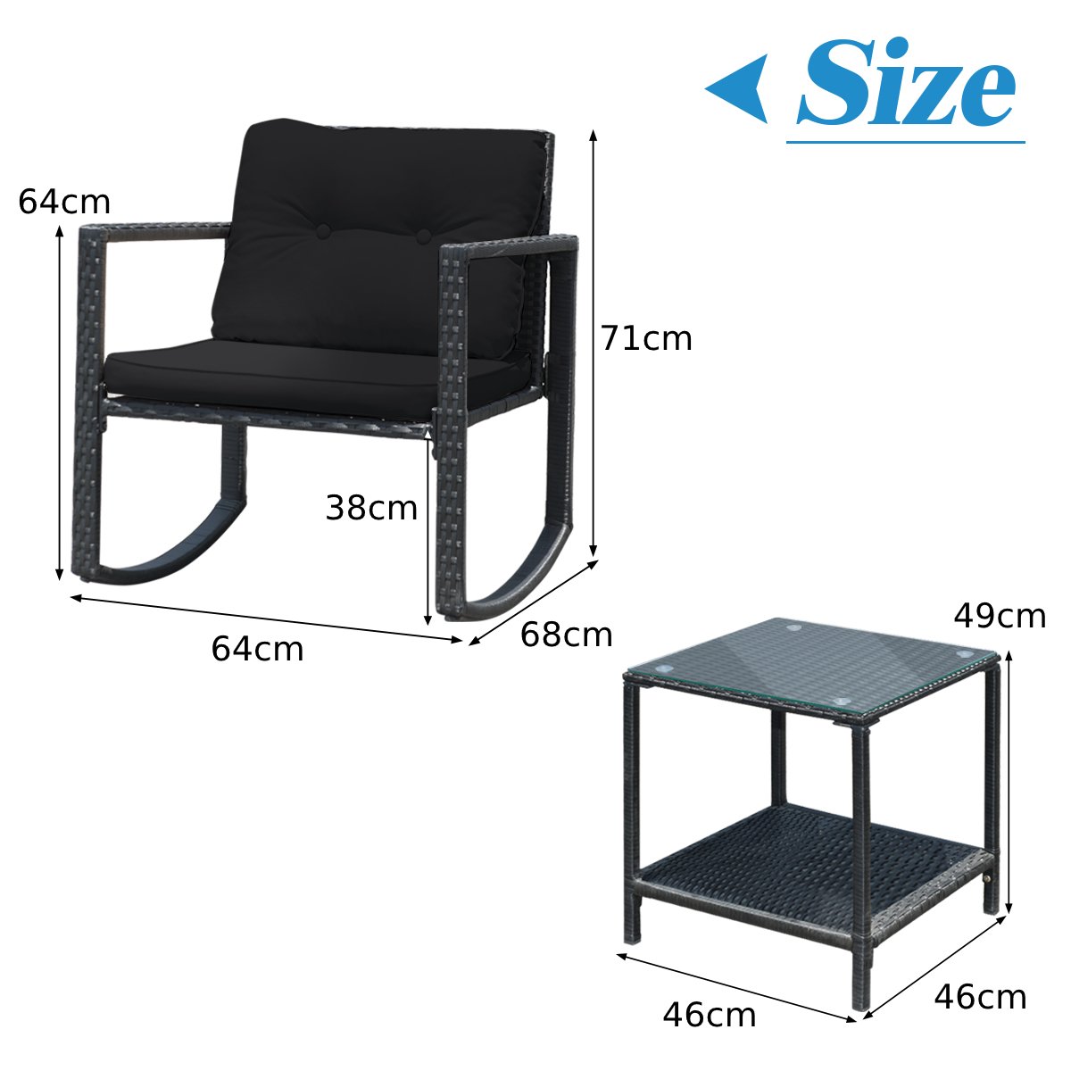 3 Pieces Outdoor Rocking Bistro Set PE Rattan with Cushions-Black