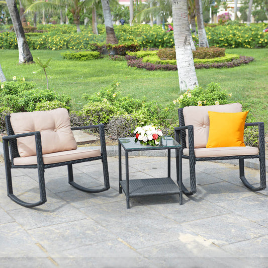 3 Pieces Outdoor Rocking Bistro Set PE Rattan with Cushions-Beige
