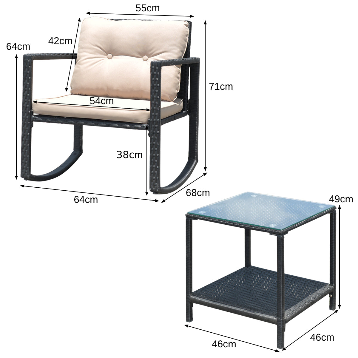 3 Pieces Outdoor Rocking Bistro Set PE Rattan with Cushions-Beige