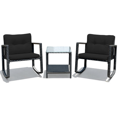 3 Pieces Outdoor Rocking Bistro Set PE Rattan with Cushions-Black