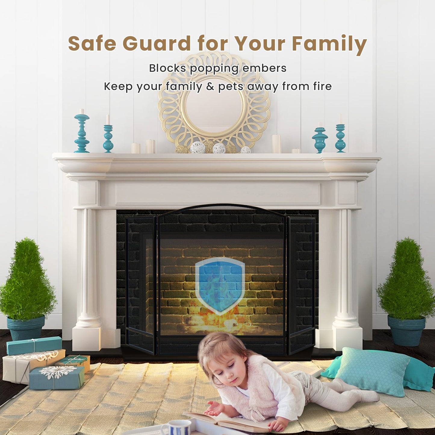 3-Panel Folding Fire Guard Fireplace Screen Fence-Black
