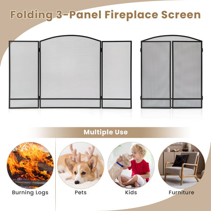 3-Panel Folding Fire Guard Fireplace Screen Fence-Black