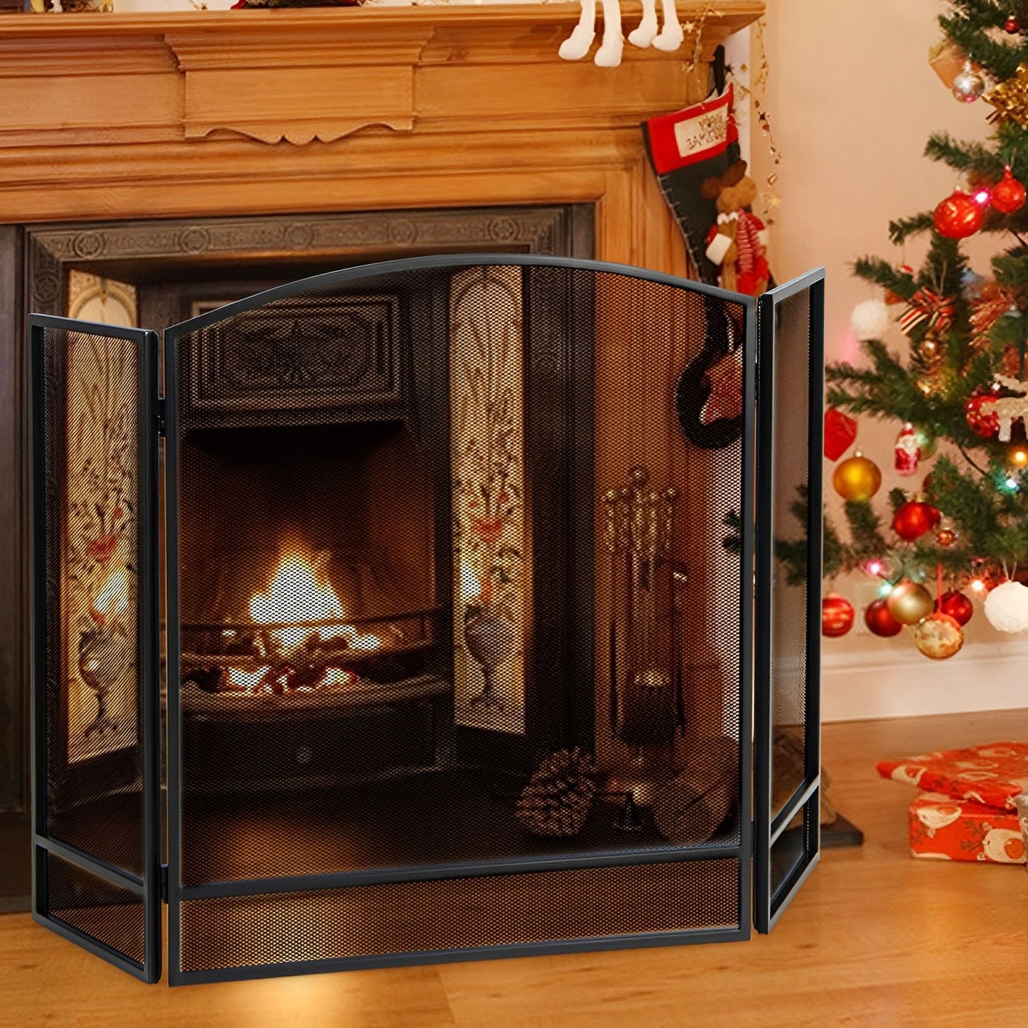 3-Panel Folding Fire Guard Fireplace Screen Fence-Black