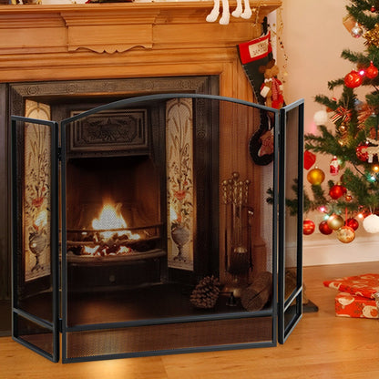 3-Panel Folding Fire Guard Fireplace Screen Fence-Black
