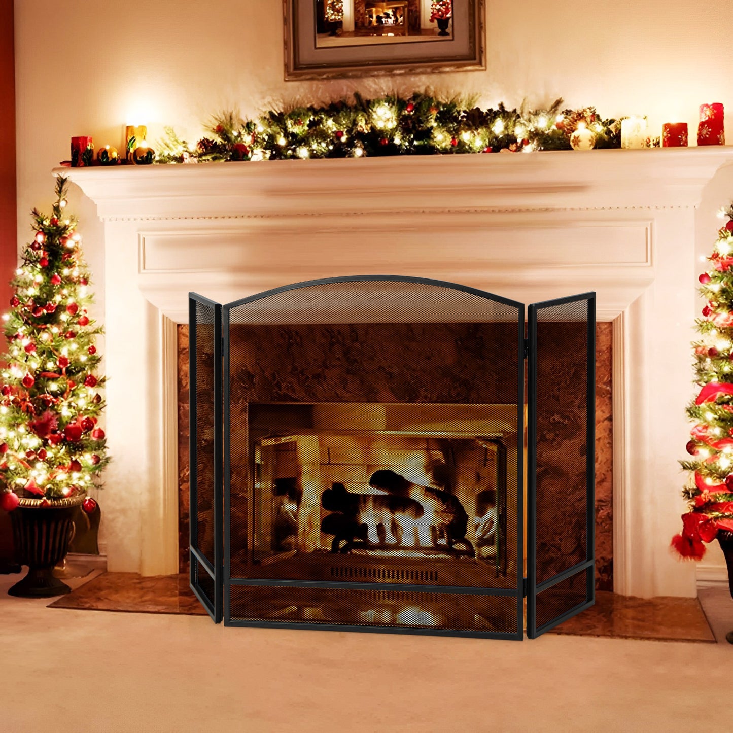 3-Panel Folding Fire Guard Fireplace Screen Fence-Black