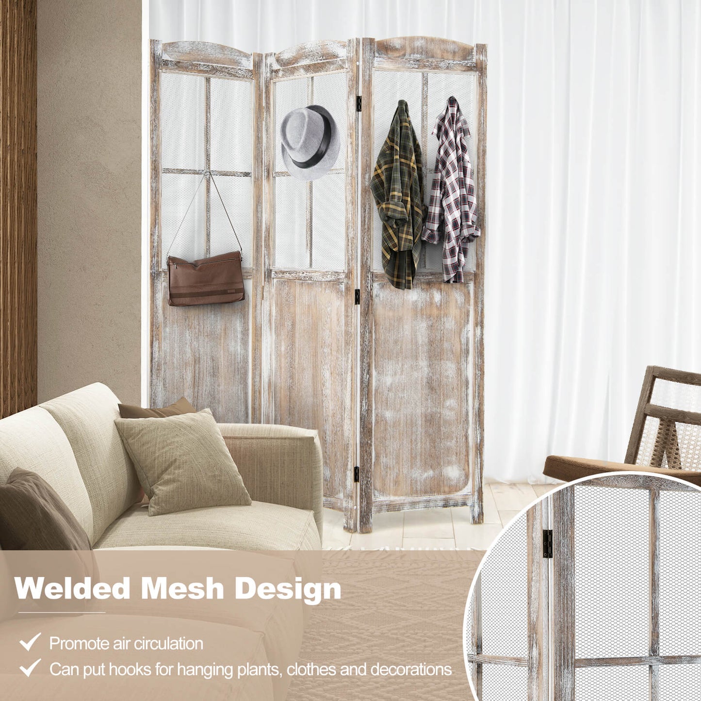 Retro 3-Panel Room Divider 178cm Folding Privacy Screen-Light Brown