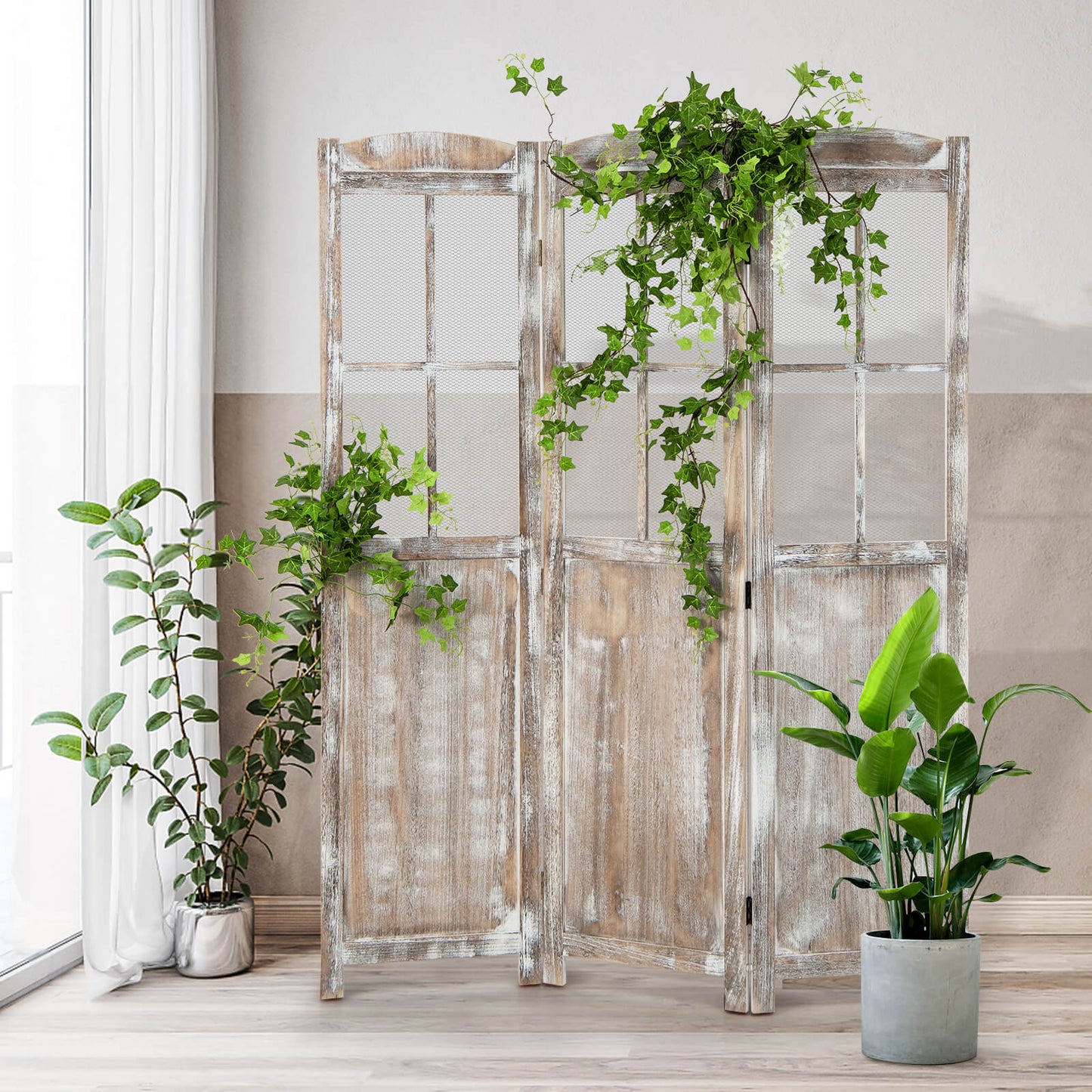 Retro 3-Panel Room Divider 178cm Folding Privacy Screen-Light Brown