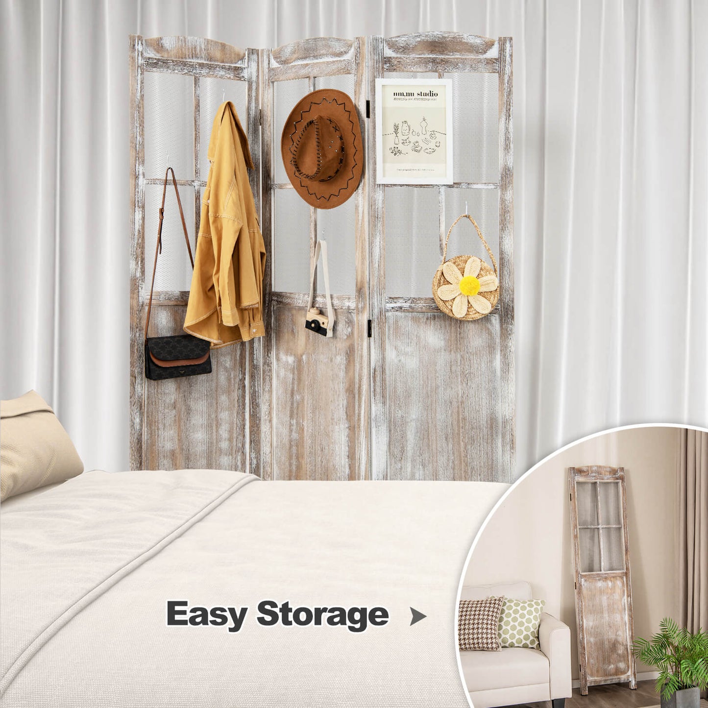 Retro 3-Panel Room Divider 178cm Folding Privacy Screen-Light Brown