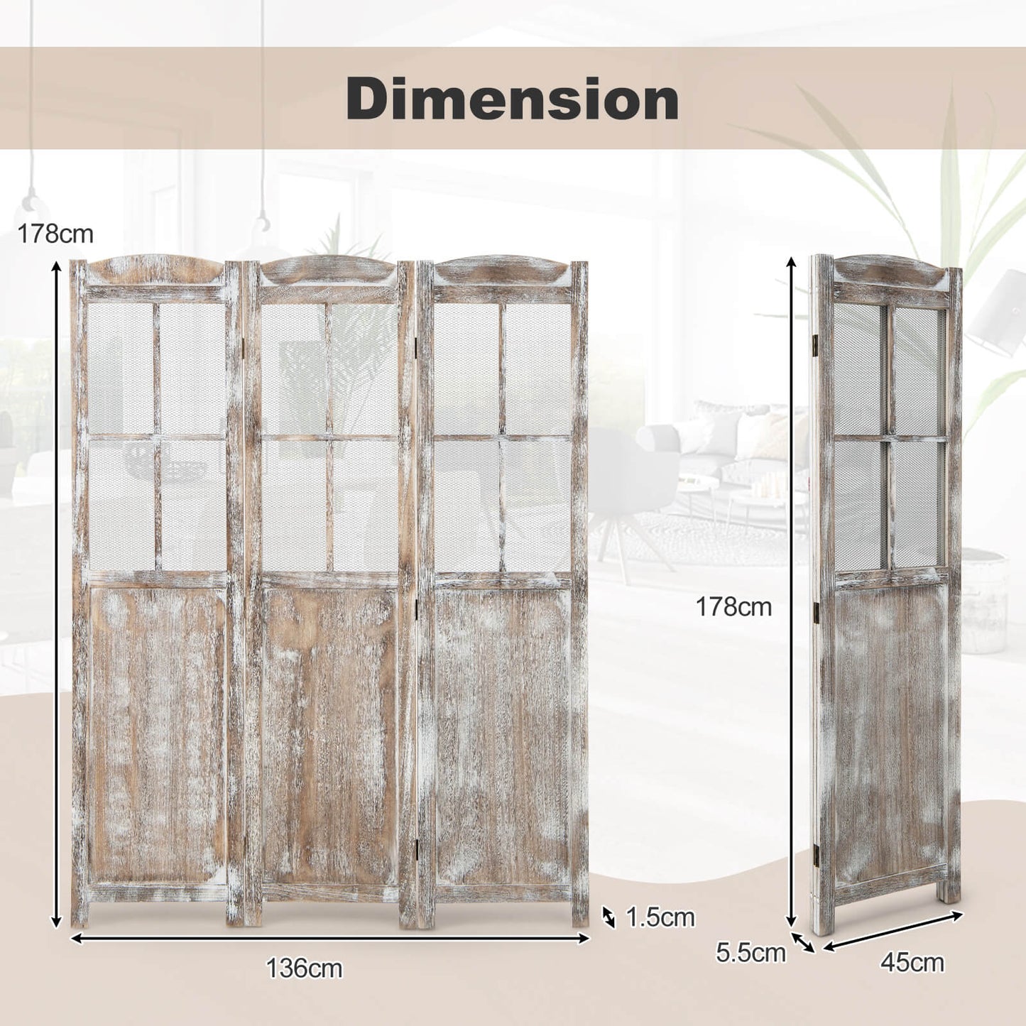 Retro 3-Panel Room Divider 178cm Folding Privacy Screen-Light Brown