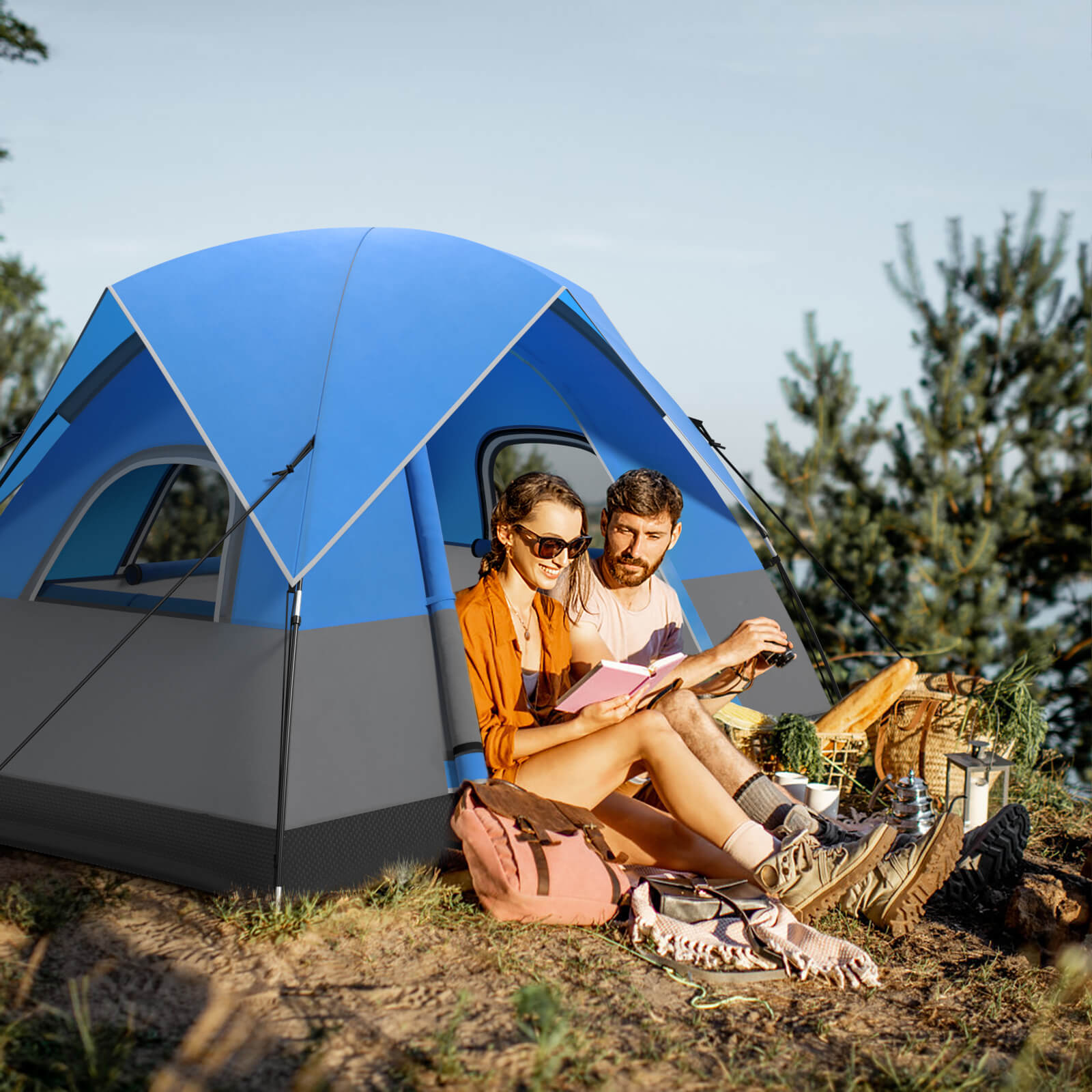 3-Person Outdoor Camping Tent with Removable Floor Mat-Black &amp; Blue
