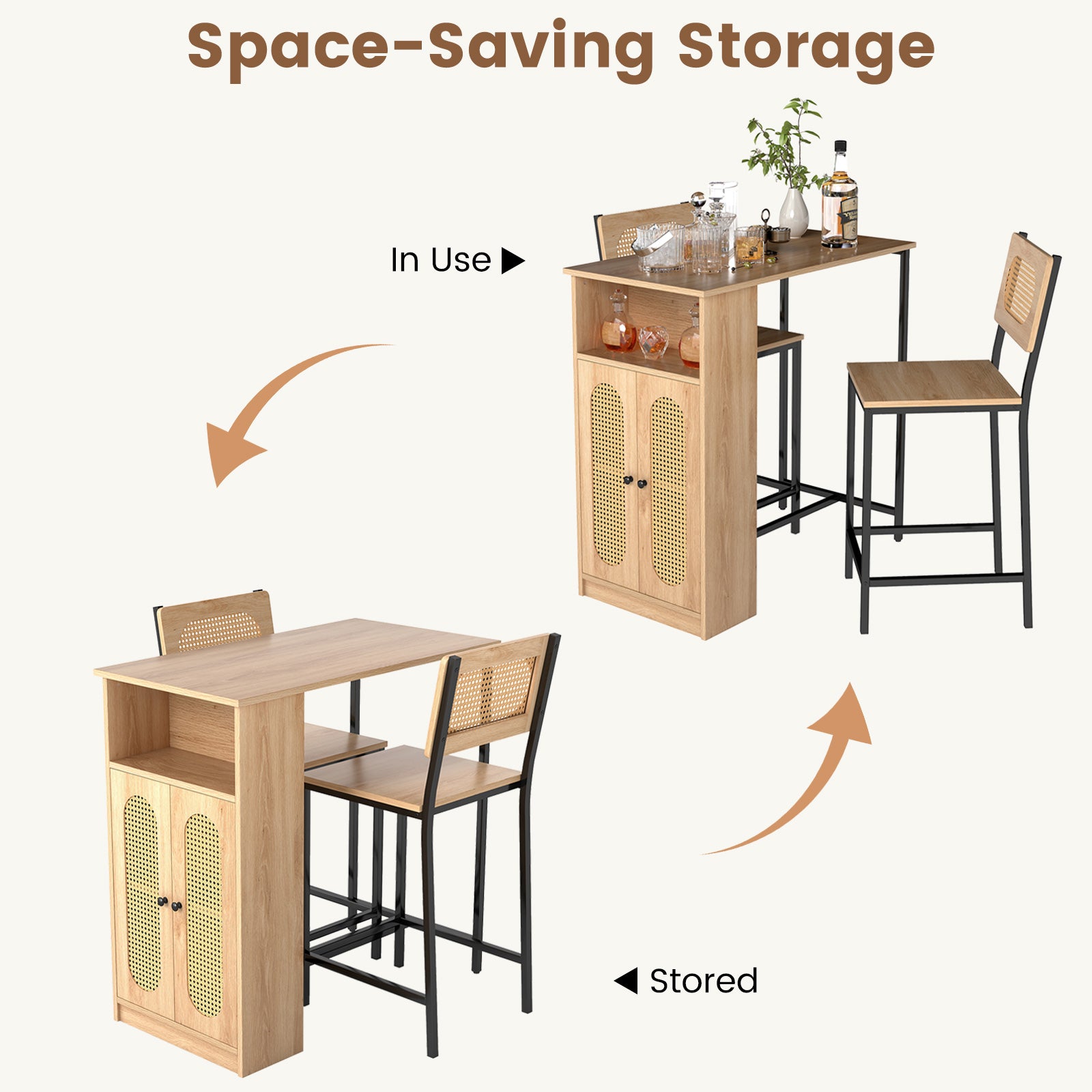 3-Piece Bar Table and Chairs Set Counter Height with PE Rattan Cabinet-Natural