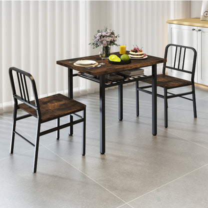 3-Piece Dining Table Set with Storage Rack and Metal Legs-Rustic Brown