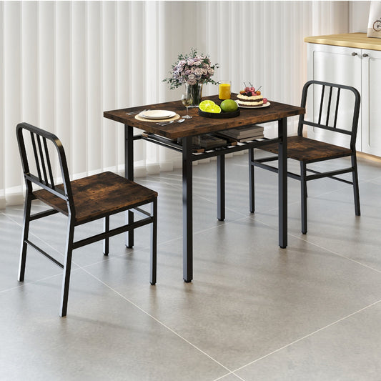 3-Piece Dining Table Set with Storage Rack and Metal Legs-Rustic Brown