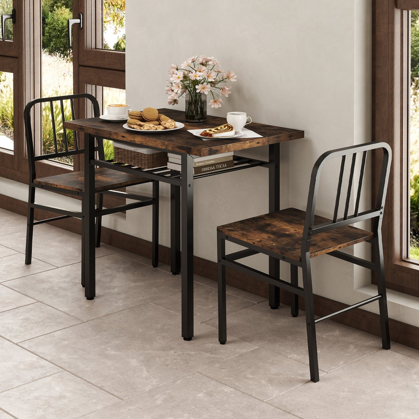 3-Piece Dining Table Set with Storage Rack and Metal Legs-Rustic Brown