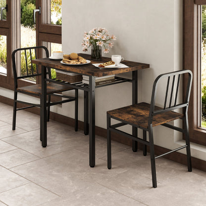 3-Piece Dining Table Set with Storage Rack and Metal Legs-Rustic Brown