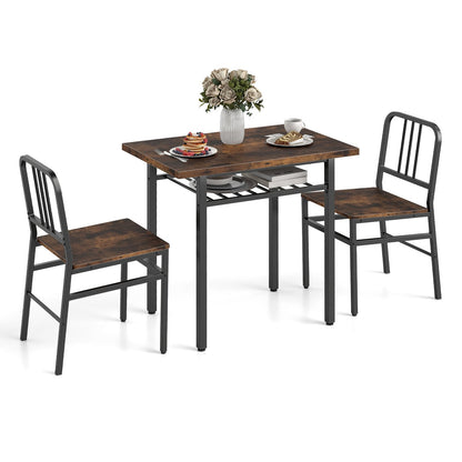 3-Piece Dining Table Set with Storage Rack and Metal Legs-Rustic Brown