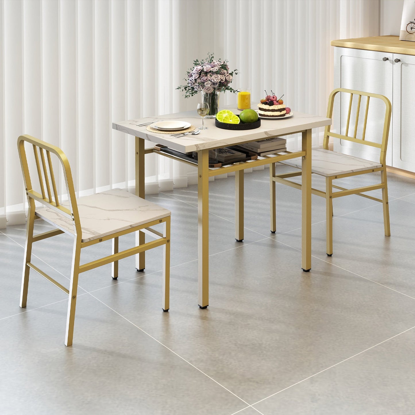 3-Piece Dining Table Set with Storage Rack and Metal Legs-White