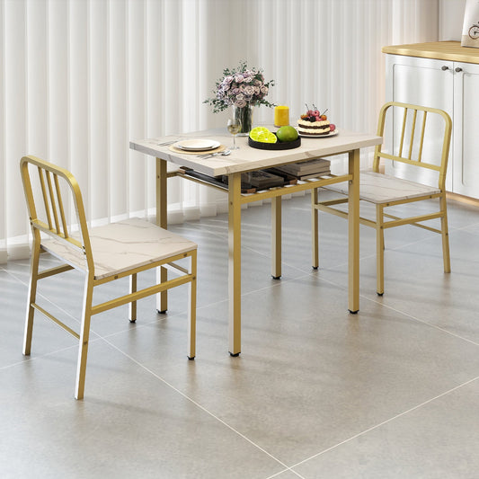 3-Piece Dining Table Set with Storage Rack and Metal Legs-White