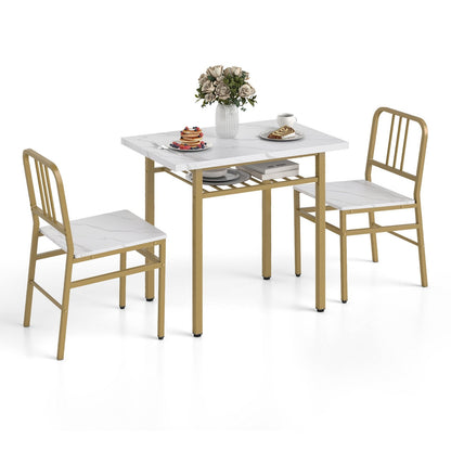 3-Piece Dining Table Set with Storage Rack and Metal Legs-White