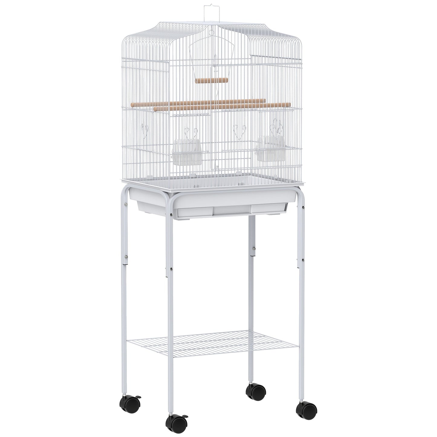 PawHut Bird Cage Budgie Cages for Finch Canary Parakeet with Stand Wheels Slide-out Tray Accessories Storage Shelf, White