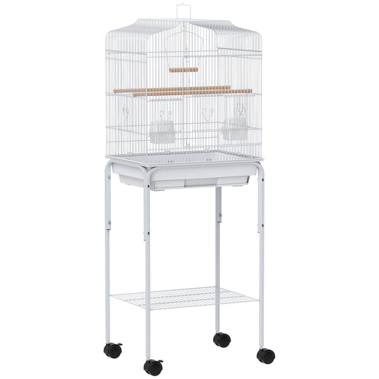 PawHut Bird Cage Budgie Cages for Finch Canary Parakeet with Stand Wheels Slide-out Tray Accessories Storage Shelf, White