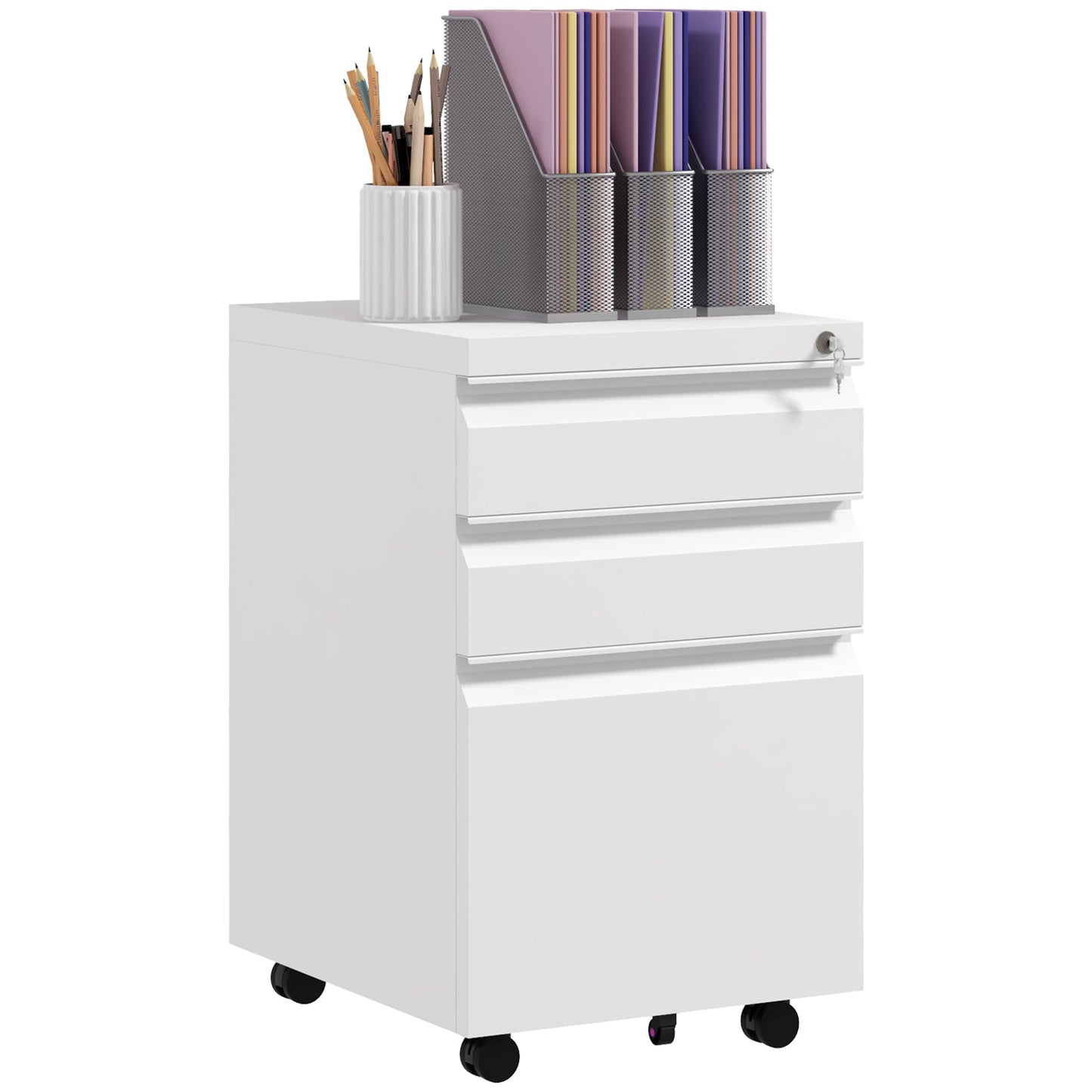 Vinsetto 3-Drawer Filing Cabinet with Lock, Mobile Steel File Cabinet for A4, Legal and Letter Size, Under Desk Drawers with Pre-Assembled Body for Home Office, 37 x 43.5 x 60 cm, White