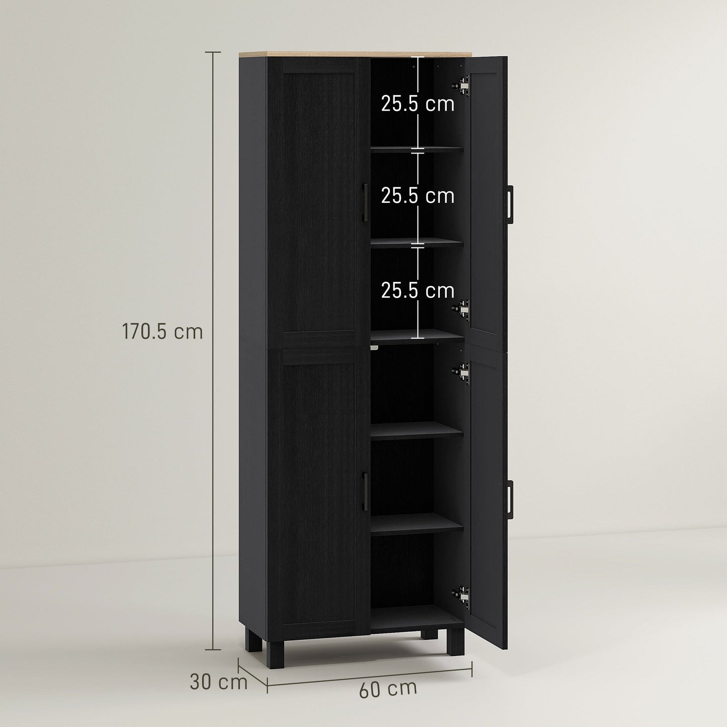 HOMCOM Freestanding Kitchen Cupboard, 4-Door Storage Cabinet with Adjustable Shelves, Modern Kitchen Pantry for Dining Room, 170cm, Black