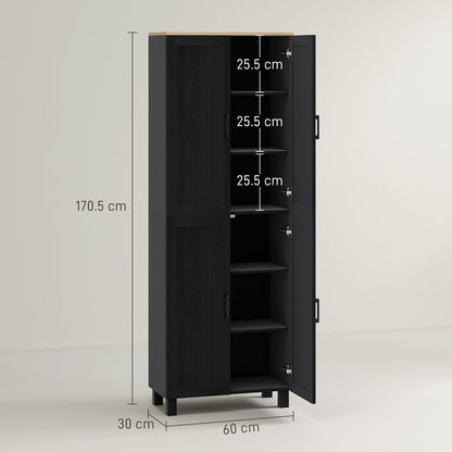HOMCOM Freestanding Kitchen Cupboard, 4-Door Storage Cabinet with Adjustable Shelves, Modern Kitchen Pantry for Dining Room, 170cm, Black