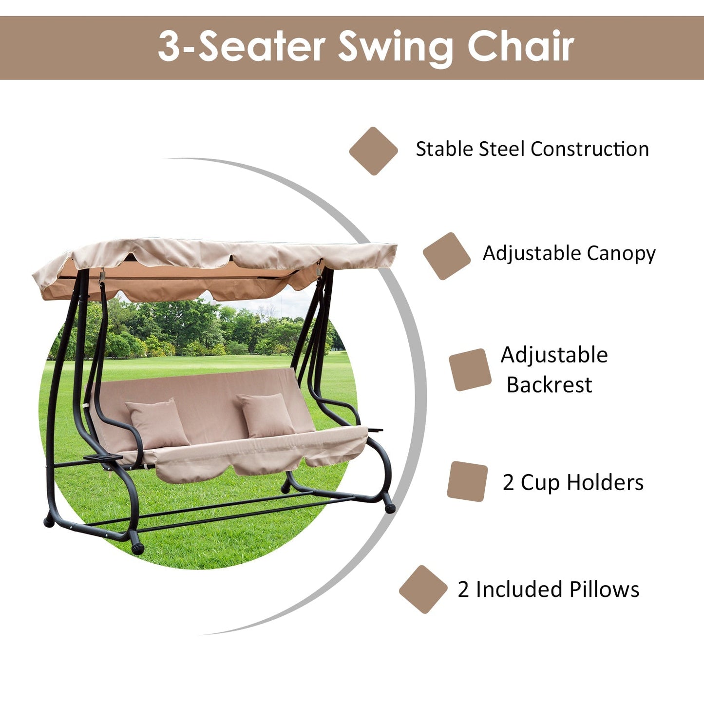 Outsunny 3 Seater Garden Swing Seat Bed Swing Chair 2-in-1 Hammock Bed Patio Garden Chair with Adjustable Canopy and Cushions, Light Brown