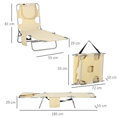 Outsunny Foldable Sun Lounger, Beach Chaise Lounge with Reading Hole, Arm Slots, 5-Position Adjustable Backrest, Side Pocket, Pillow for Garden, Beach, Pool, Beige