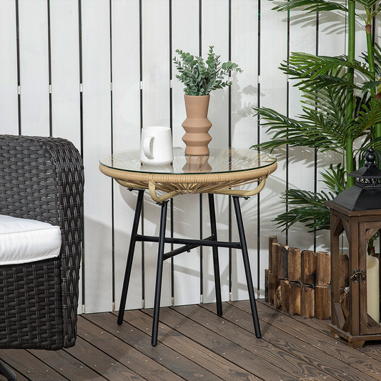 Okrągły stolik kawowy Outsunny Rattan, z okrągłym blatem z rattanu PE i szkła hartowanego, do ogrodu, na taras, balkon, w kolorze beżowym