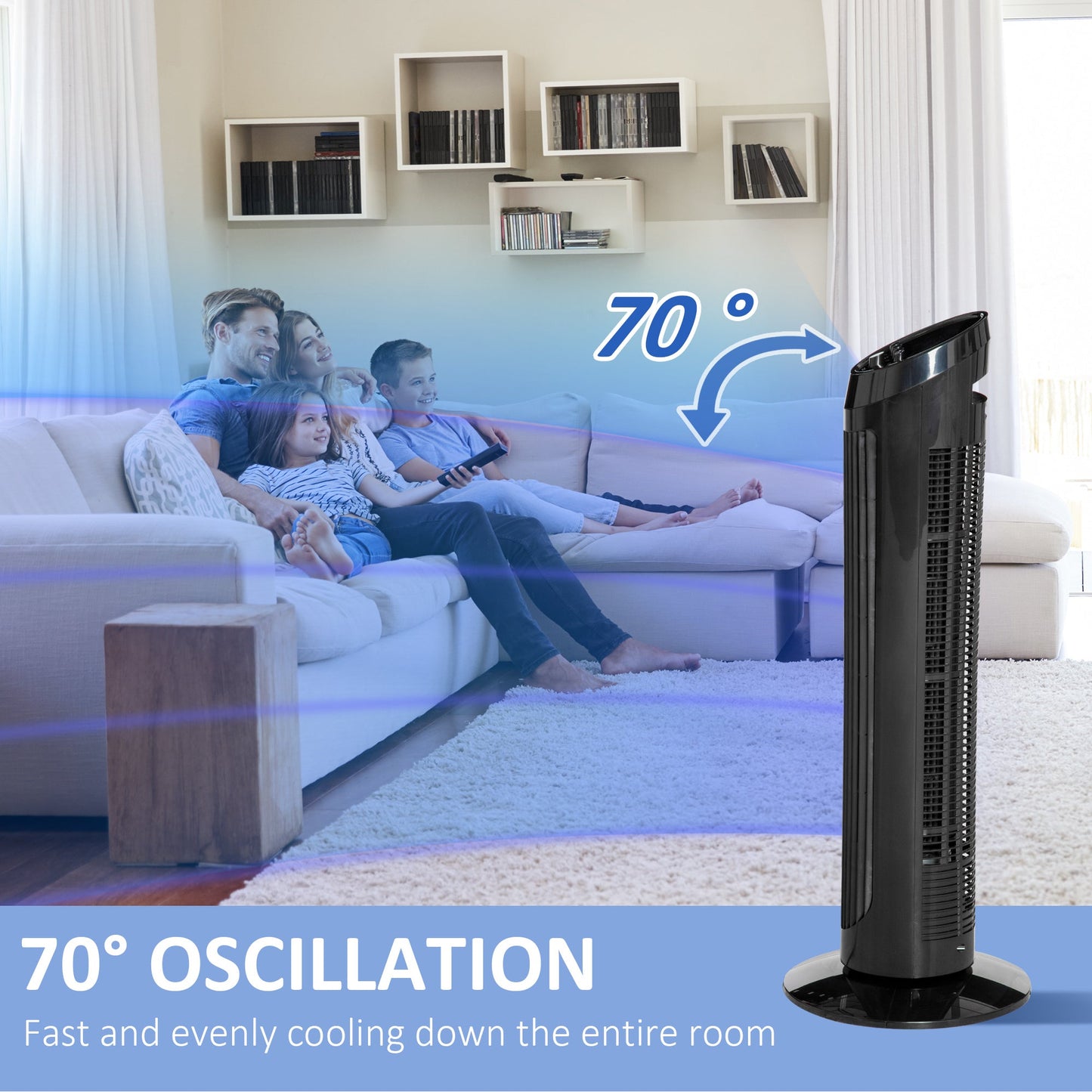 HOMCOM Tower Fan for Bedroom Cooling, 30 Inch Electric 70 Oscillating Fan with 3 Speed Settings, Standing Floor Fan for Home Office Indoor, Black