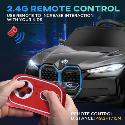 سيارة كهربائية للأطفال من HOMCOM BMW i4 مرخصة بقوة 12 فولت، مع جهاز تحكم عن بعد، وبطارية محمولة، وموسيقى، وبوق، ومصابيح أمامية - باللون الأسود
