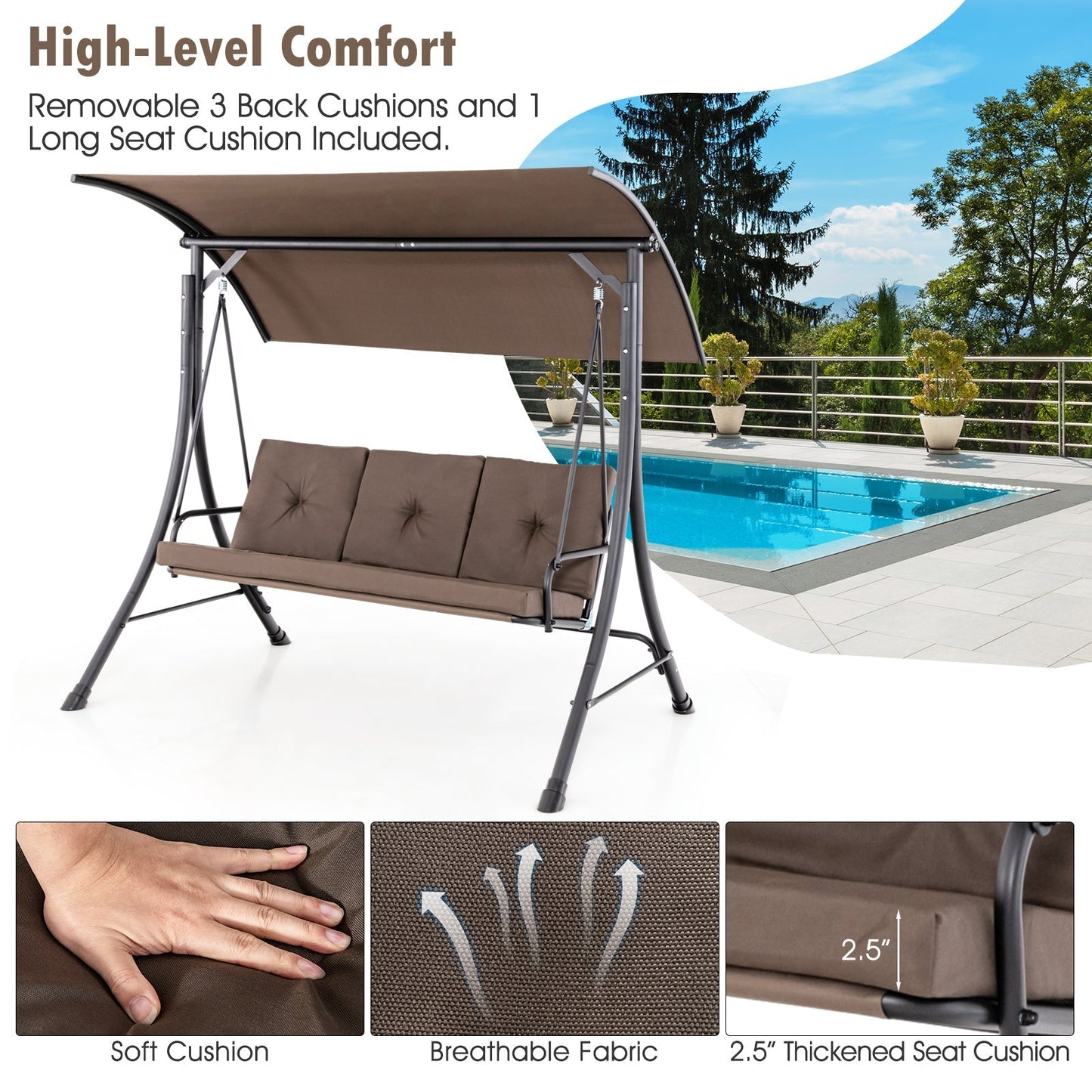 3-Seat Outdoor Porch Swing with Adjustable Canopy and Padded Cushions-Brown