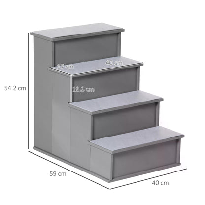 سلم خشبي مكون من 4 خطوات للكلاب والحيوانات الأليفة من PawHut، سلم للقطط للسرير والأريكة مع سجادة غير قابلة للانزلاق 40 × 59 × 54.2 سم، رمادي