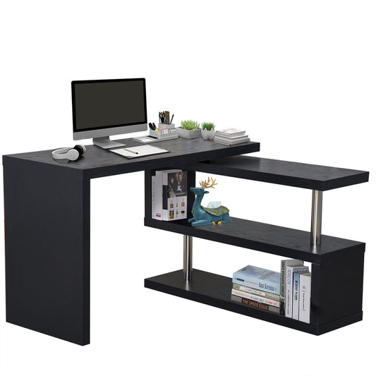 HOMCOM L Shaped Desk with 360Â° Rotating Storage Shelves, Corner Computer Desk, Space Saving Study Table for Home Office, Black