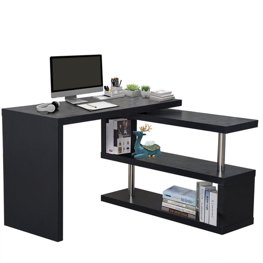 HOMCOM L Shaped Desk with 360 degrees Rotating Storage Shelves, Corner Computer Desk, Space Saving Study Table for Home Office, Black