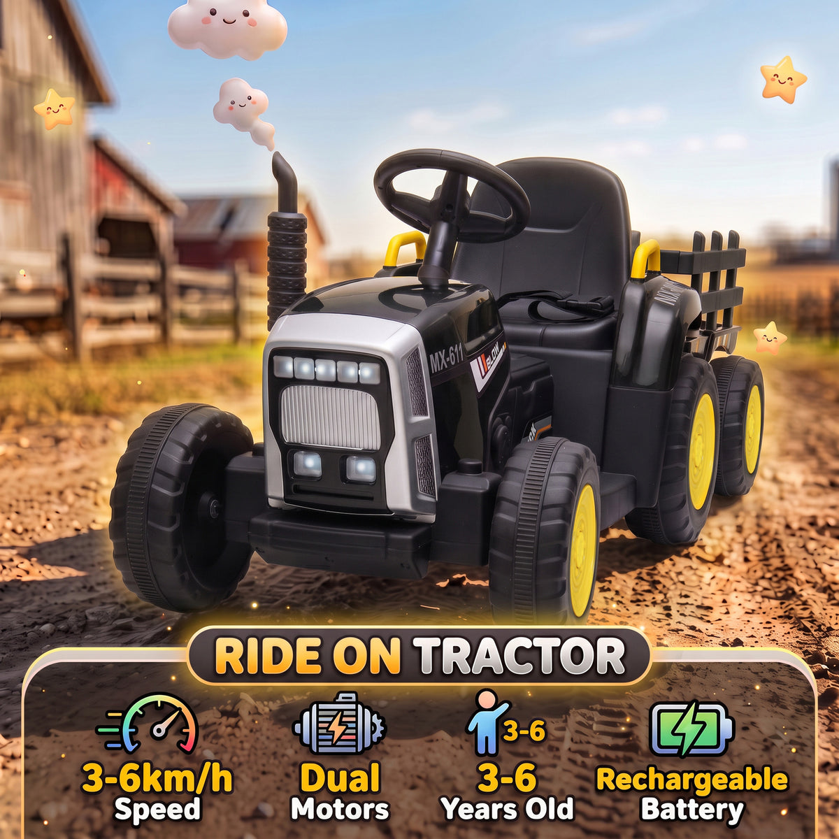 HOMCOM 12V Kids Ride on Tractor with Detachable Trailer, Remote, Soft Start, Seat Belt, Music, USB, Horn, Lights for 3-6, Black