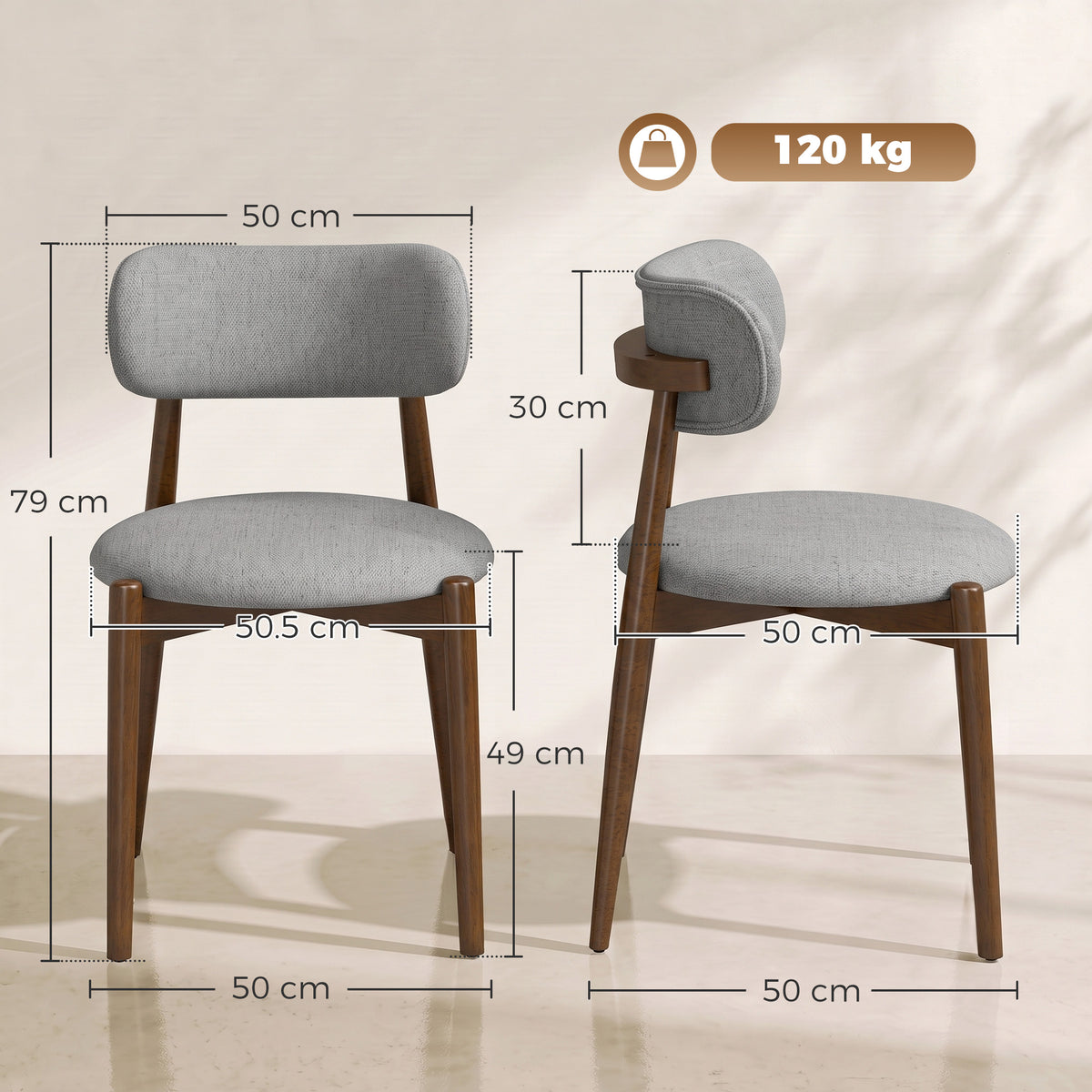 HOMCOM Dining Chairs Chenille Upholstered Kitchen Chairs Curved Backrest Rubberwood Legs Grey