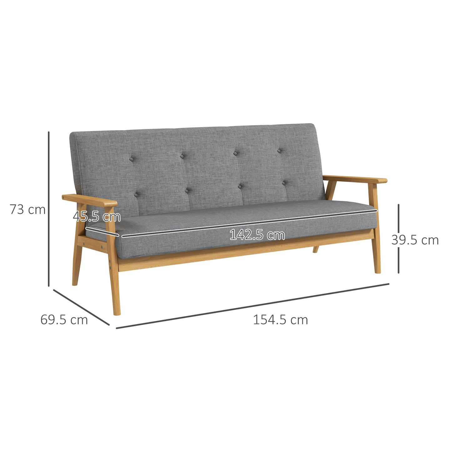 HOMCOM 3 Seater Sofa Modern Linen Fabric Upholstery Tufted Couch with Rubberwood Legs for Living Room and Kitchen, 155cm, Dark Grey
