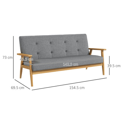 HOMCOM 3 Seater Sofa Modern Linen Fabric Upholstery Tufted Couch with Rubberwood Legs for Living Room and Kitchen, 155cm, Dark Grey