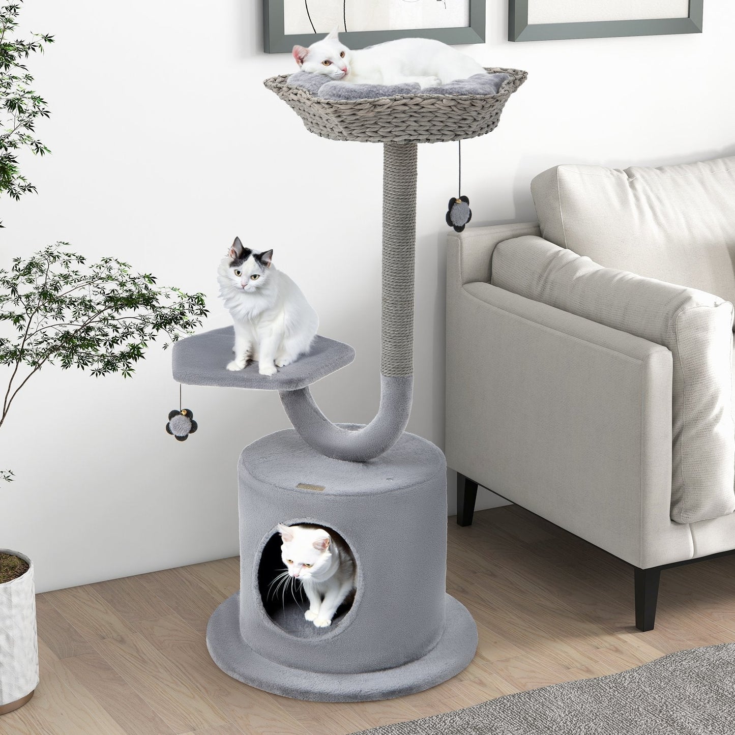 3-Tier Cat Tree with Raper Rope Covered Scratching Post-Grey