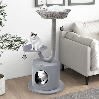 3-Tier Cat Tree with Raper Rope Covered Scratching Post-Grey