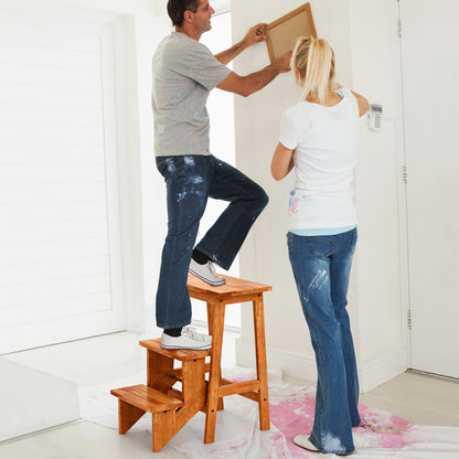 3-Tier Folding Step Stool Rubber Wood Ladder Chair with Handle-Rustic Oak